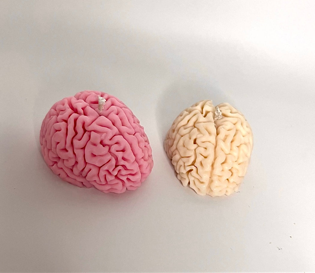 Handmade brain-shaped soy wax candles in pink and beige with honey and vanilla scent – aesthetic sculptural candle gift for home decor and relaxation. Neuroscience Gift. Study Gift.
