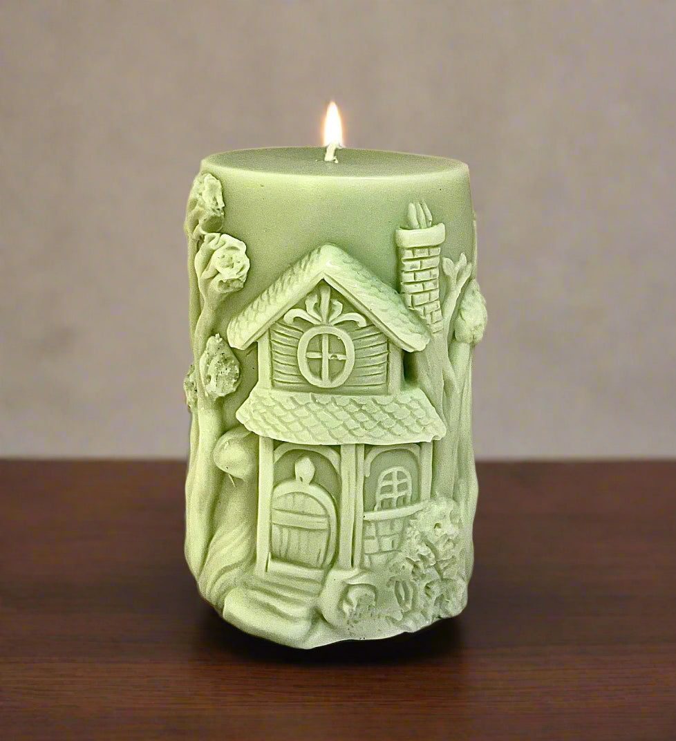 Mystic magic house-shaped soy wax candle with honey and vanilla scent – whimsical home décor gift idea, handmade and eco-friendly
